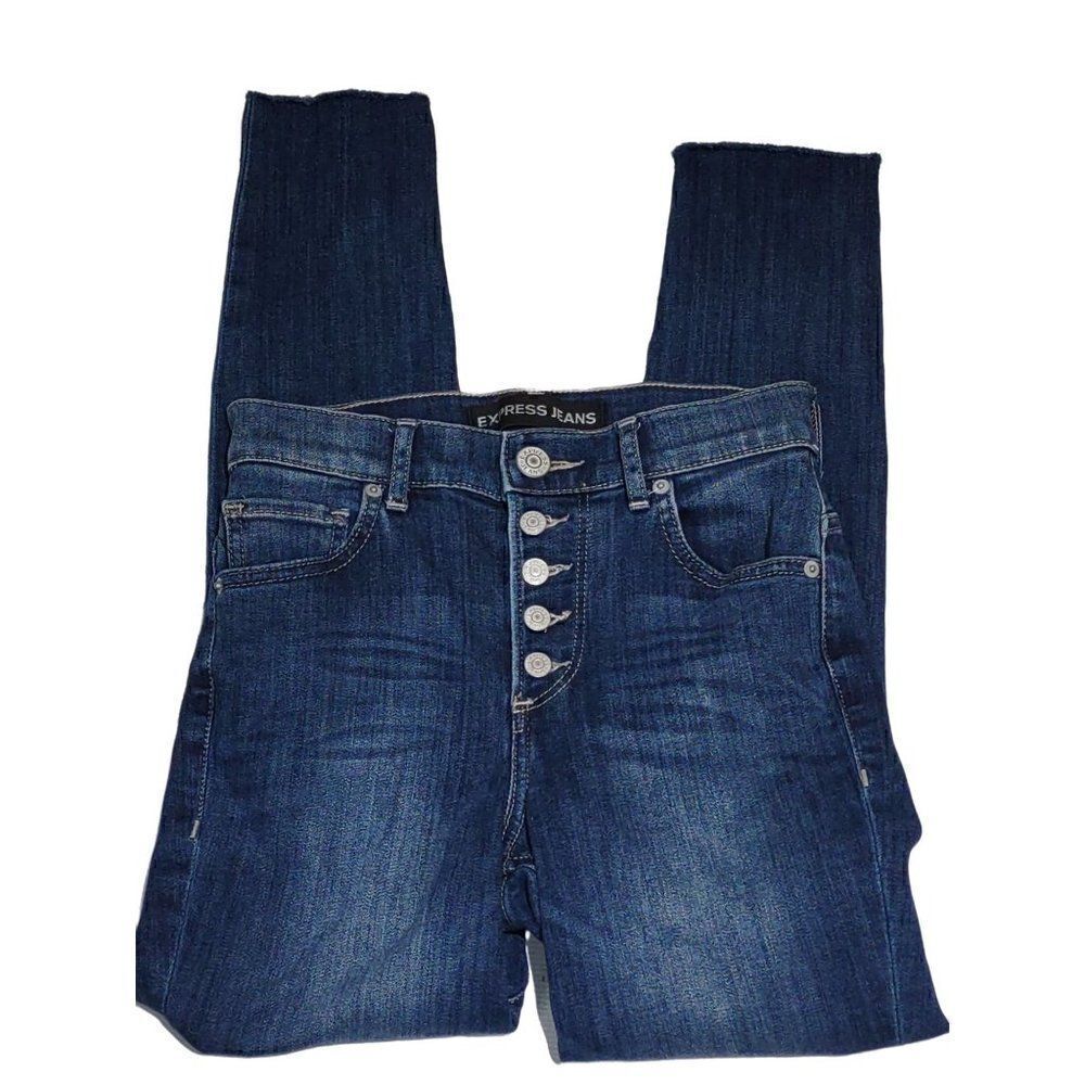 Express Jeans Sz 2 High Rise Button Fly Cropped Jeggings Frayed Hem Dark Wash